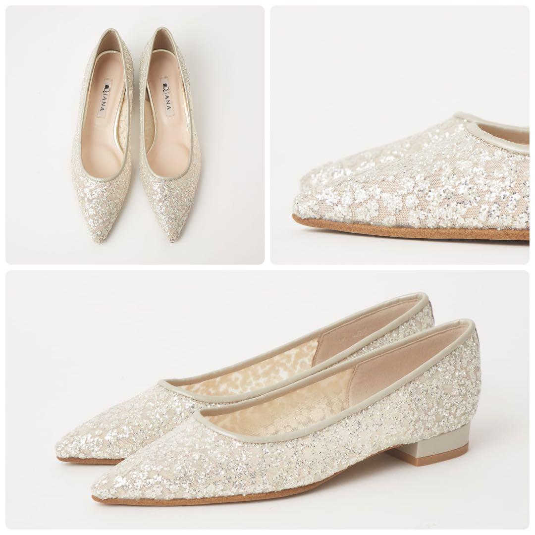 DIANA グリッターチュール　ロングノーズフラットシューズ　プラチナ　23.5