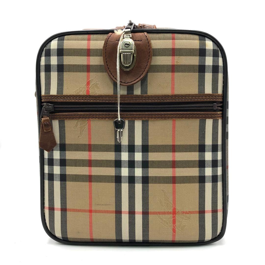 極美品 バーバリー ボストンバッグ ホースロゴ ノバチェック 大容量 鍵付 茶