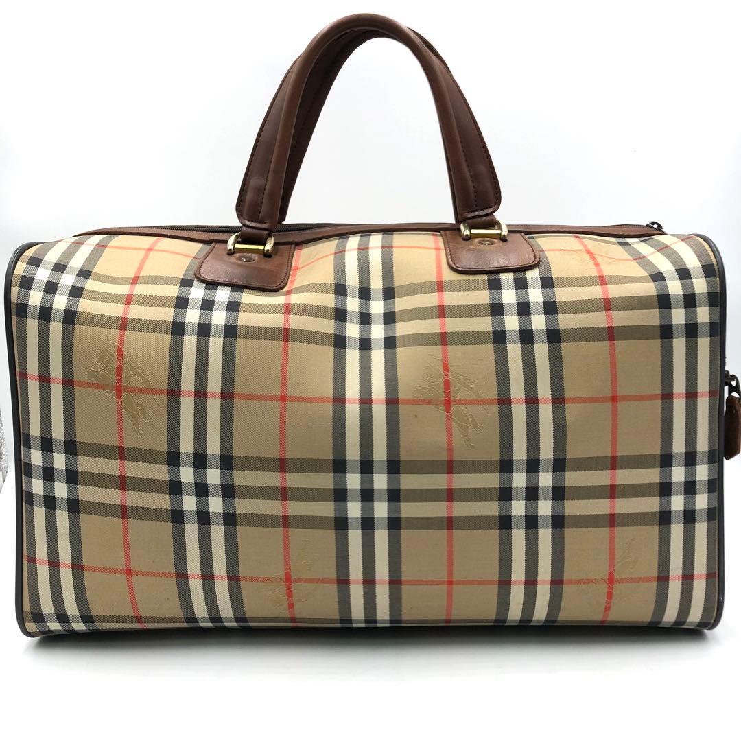 極美品 バーバリー ボストンバッグ ホースロゴ ノバチェック 大容量 鍵付 茶