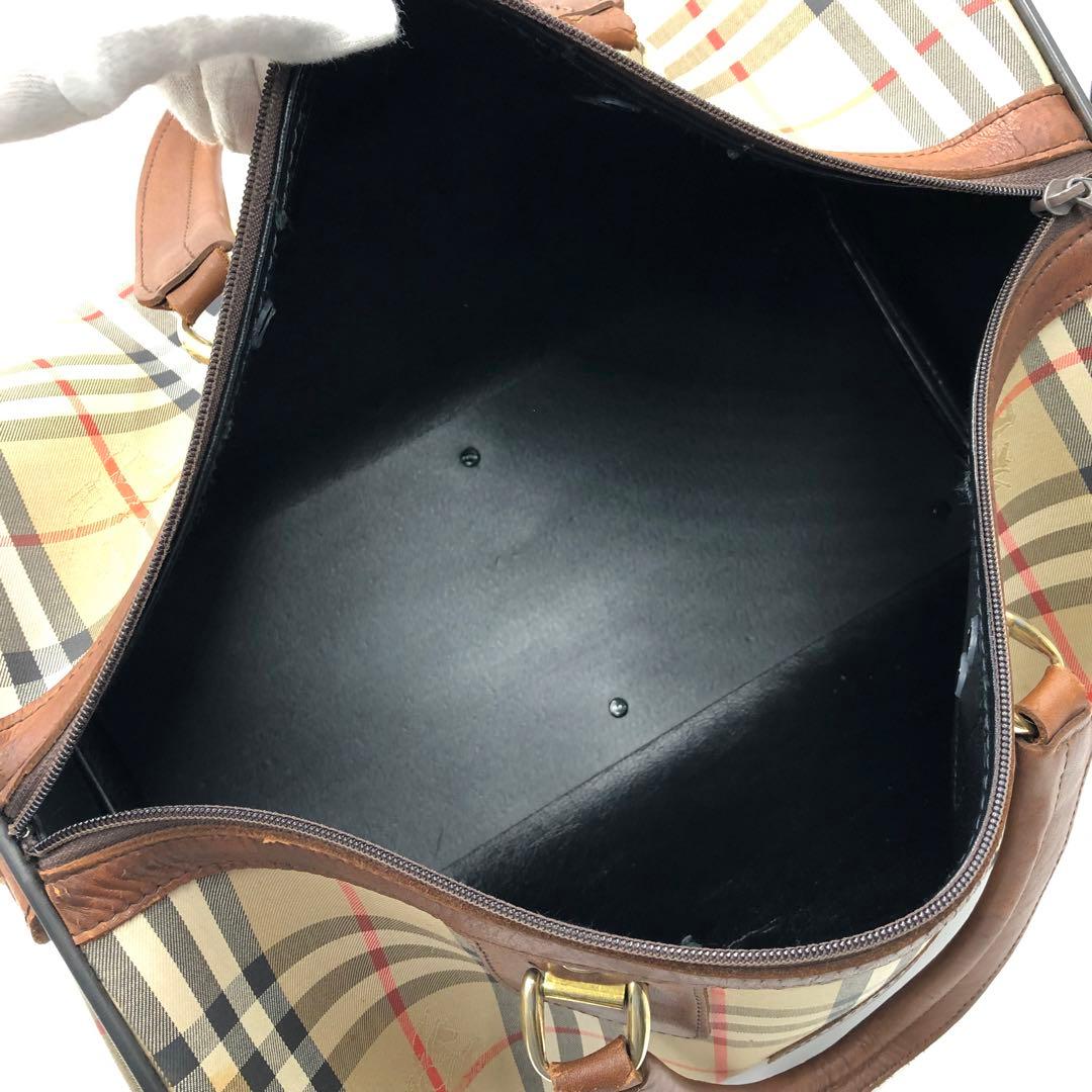 極美品 バーバリー ボストンバッグ ホースロゴ ノバチェック 大容量 鍵付 茶
