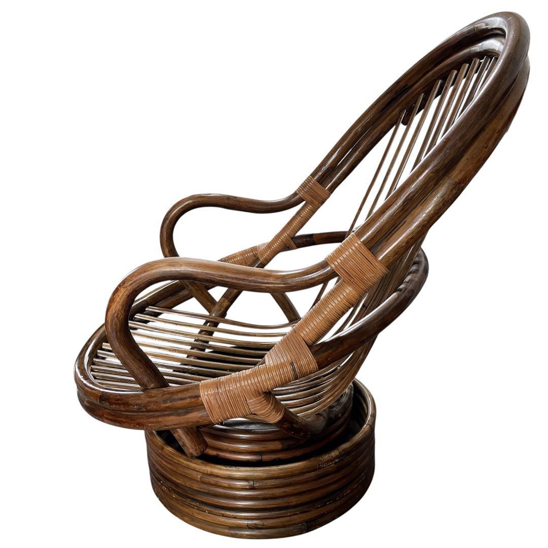 昭和レトロ 古家具 回転式ラタンチェア ラタンソファ エッグチェア アームチェア