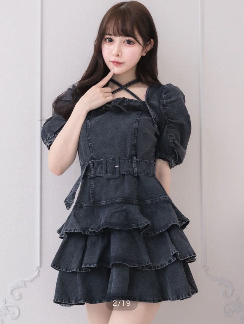 pium ティアードフリルデニムミニワンピース