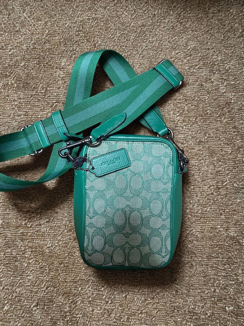 【人気色】COACH ミニショルダー シグネチャー ジャカード×レザー 緑