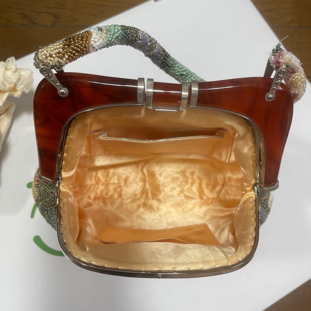美品 総ビーズ ハンドバッグ 花柄 べっ甲　浴衣や