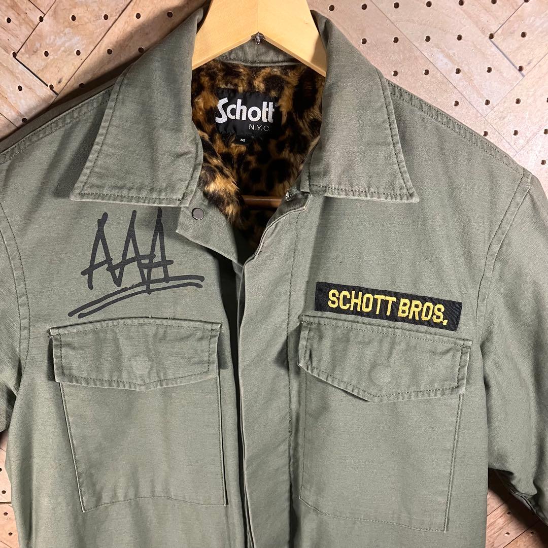 Schott ヒョウ柄 裏地ミリタリージャケット M 刺繍あり