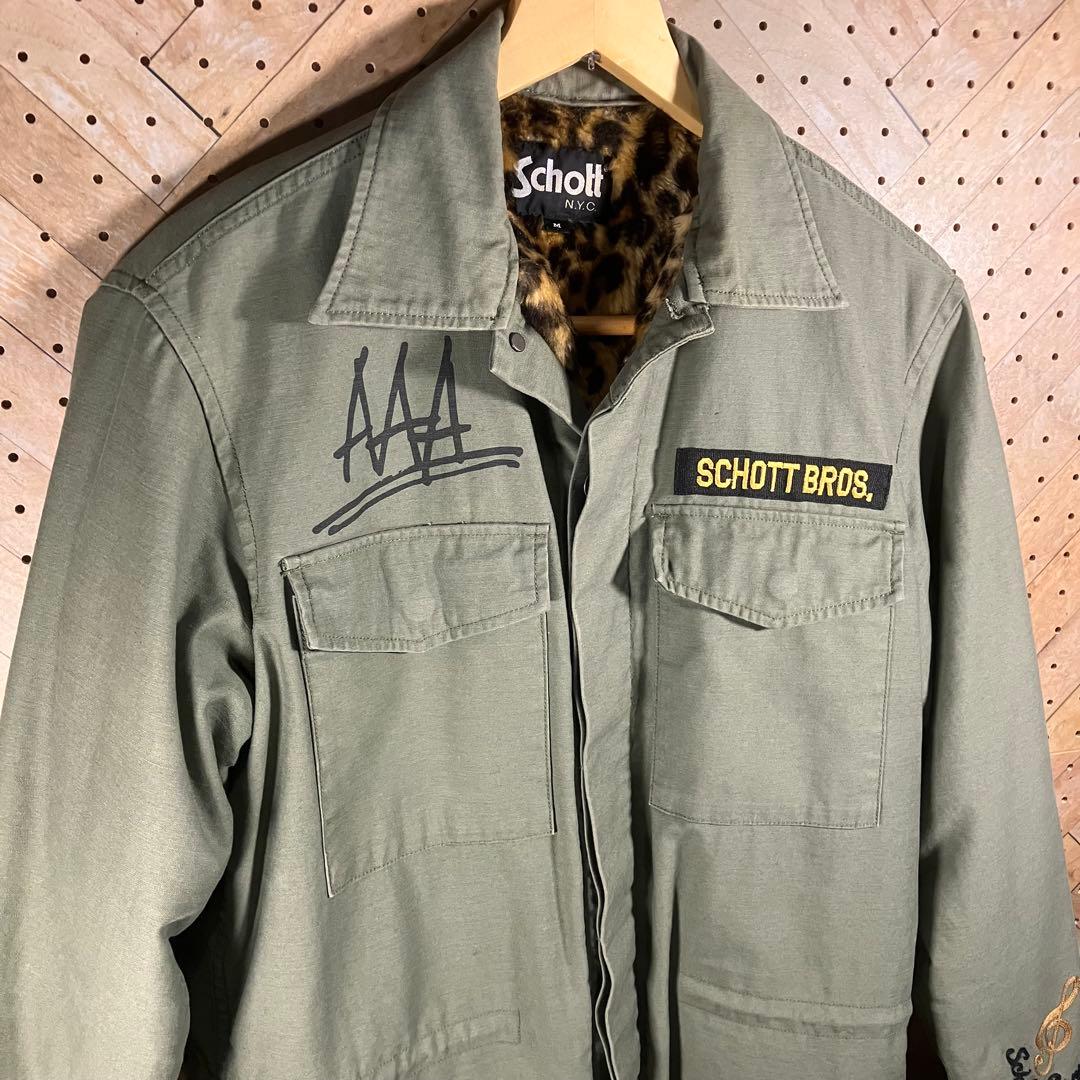Schott ヒョウ柄 裏地ミリタリージャケット M 刺繍あり