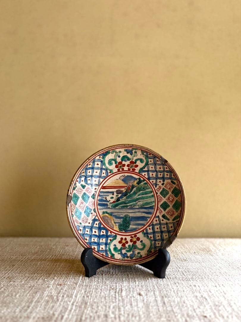 古九谷焼【骨董品/幕末】希少 色絵 山水花紋 深皿 深鉢 青九谷 古美術