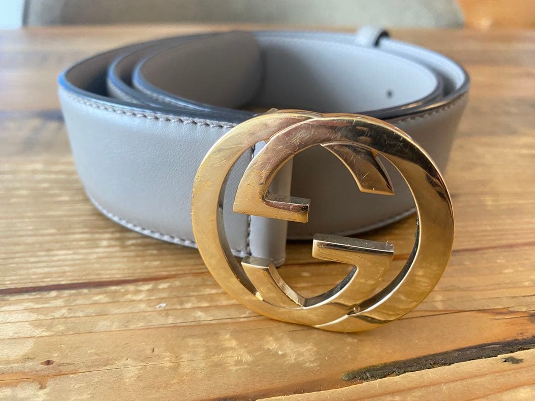 GUCCI グレー レザー ベルト ダブルGロゴ