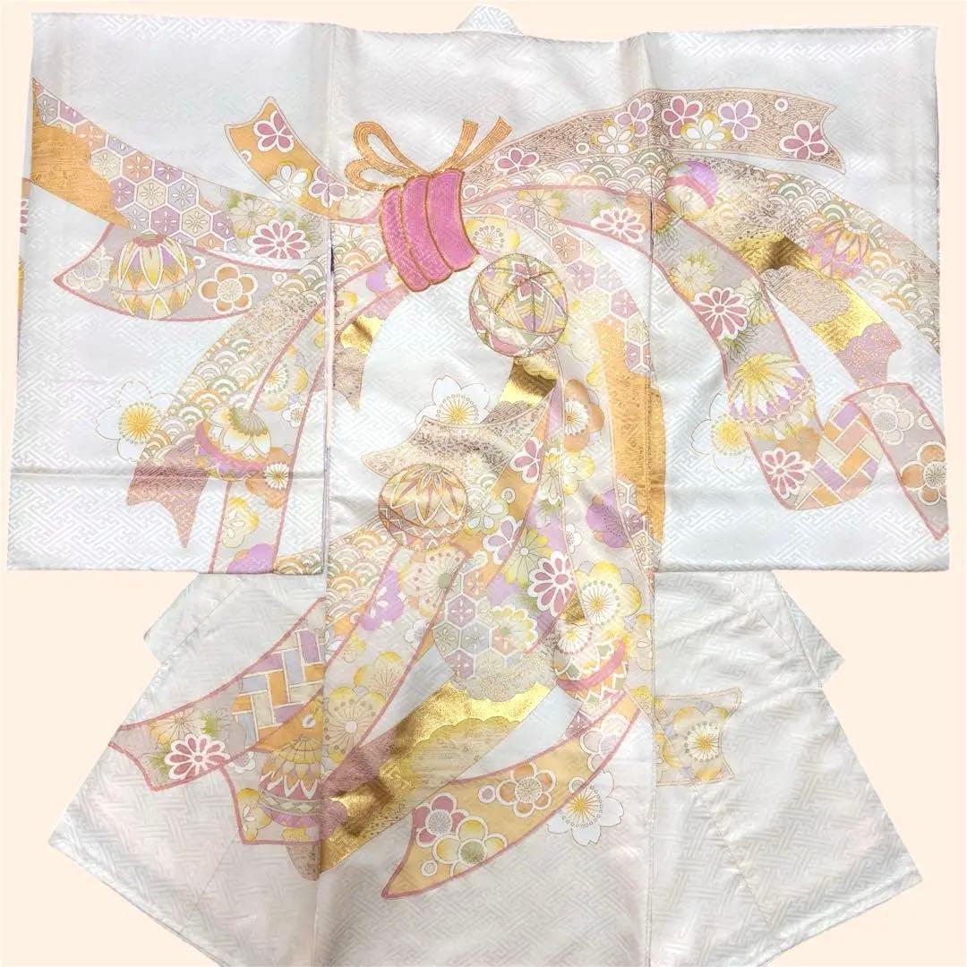 【新品】日本製 スキンベージュ お宮参り 産着 正絹 刺繍入り たとう紙 襦袢付
