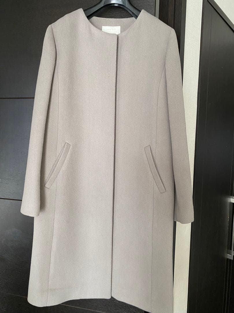 グレー ノーカラー ウールコート