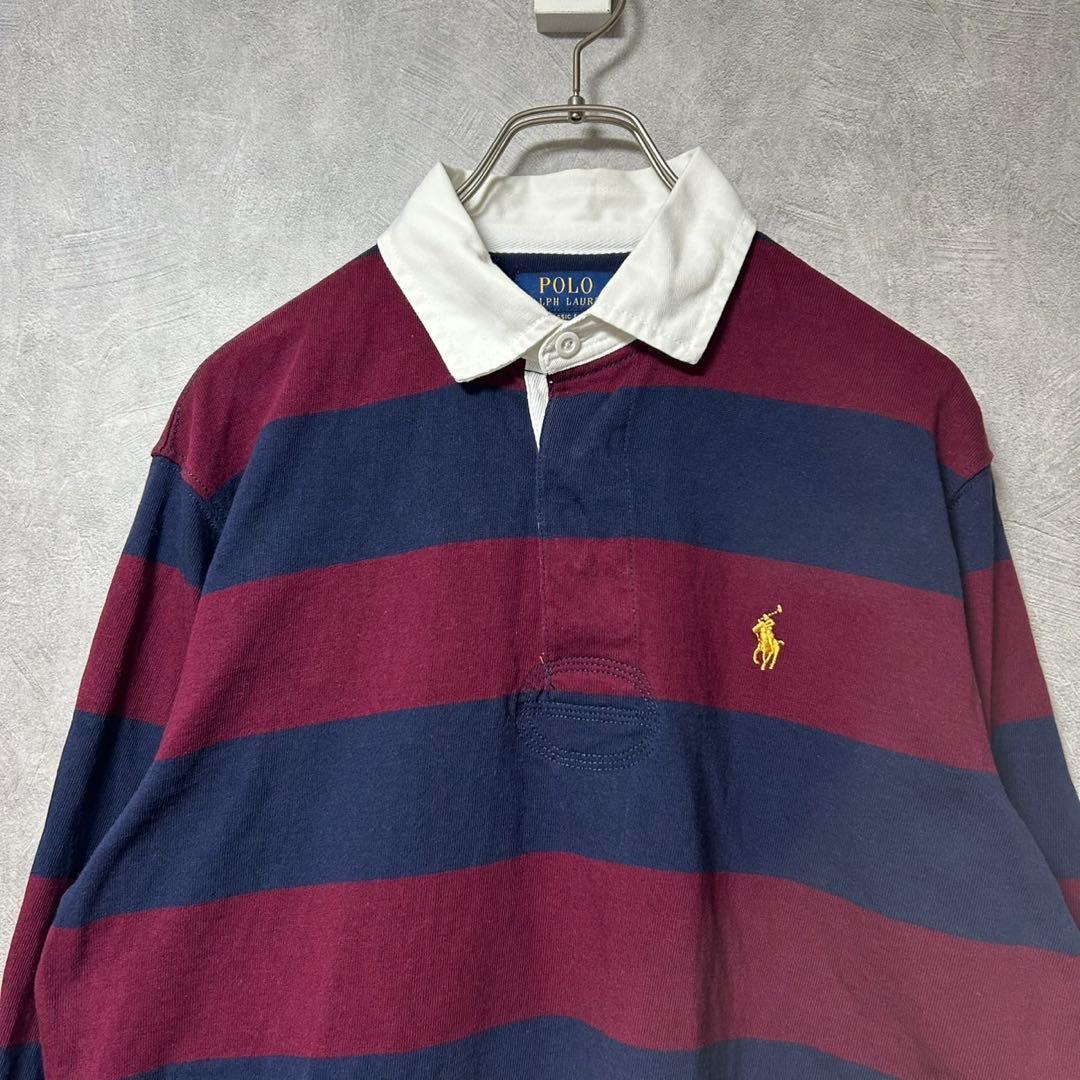美品 ラルフローレン 刺繍 ロゴ 太 ボーダー 長袖 ラガー シャツ M