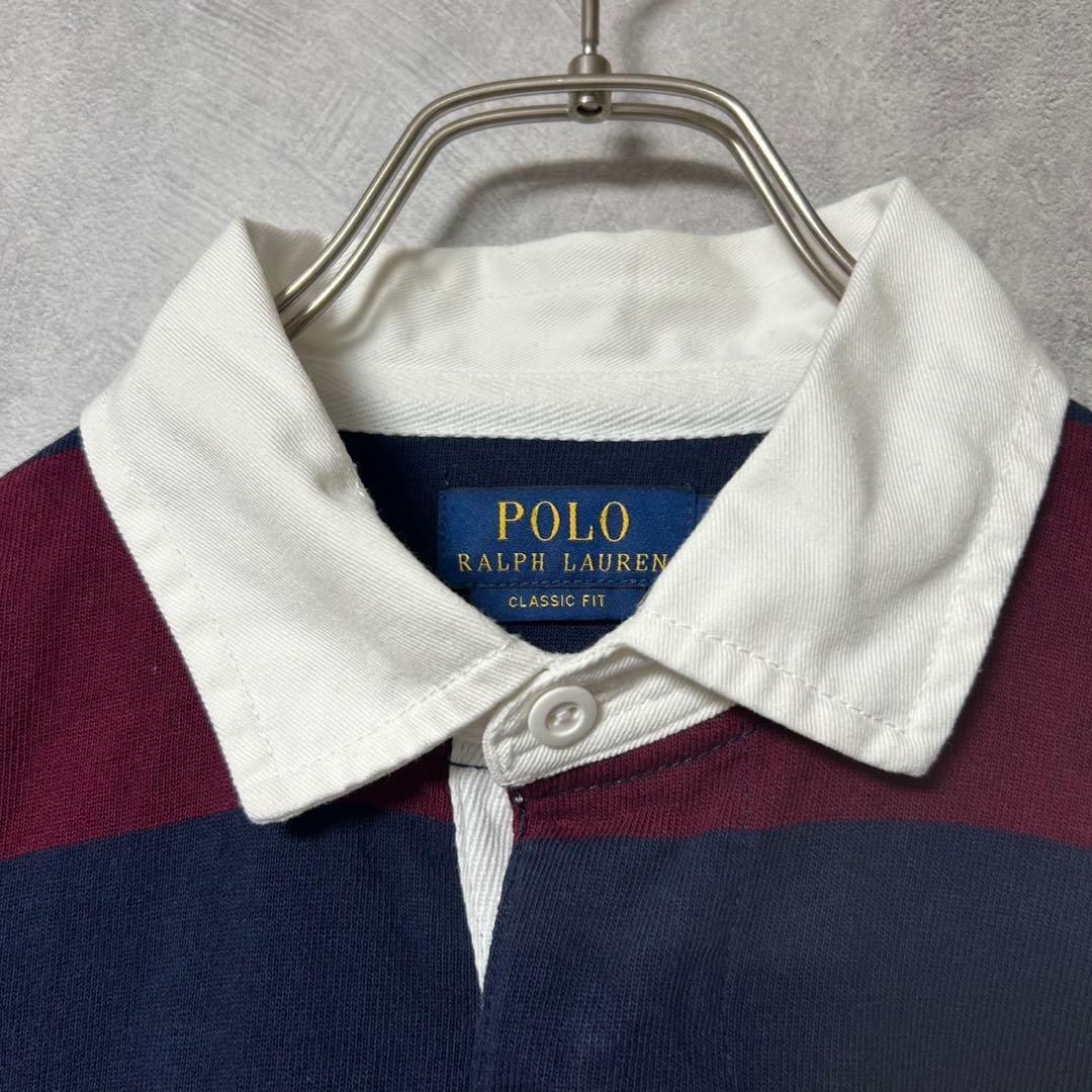 美品 ラルフローレン 刺繍 ロゴ 太 ボーダー 長袖 ラガー シャツ M