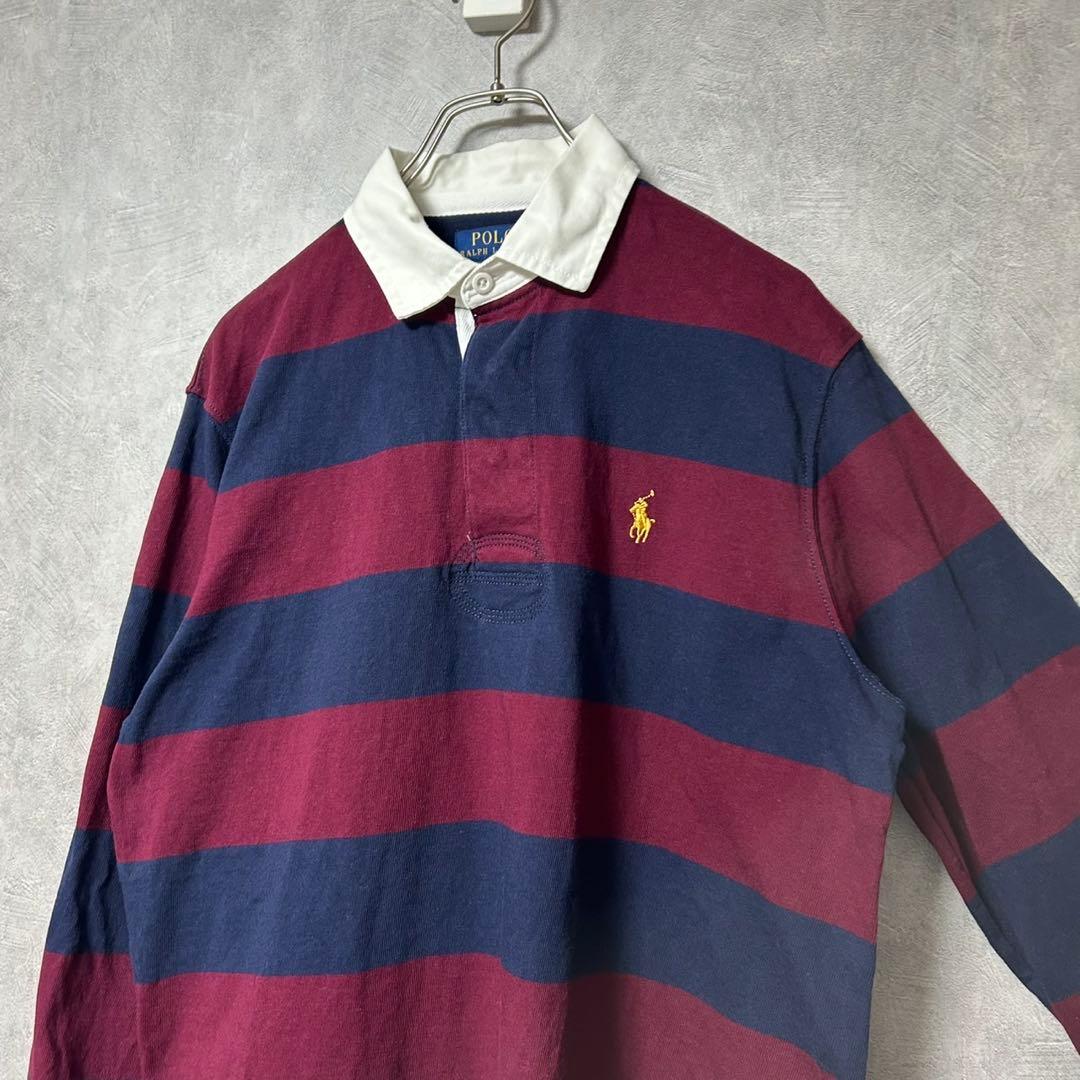 美品 ラルフローレン 刺繍 ロゴ 太 ボーダー 長袖 ラガー シャツ M