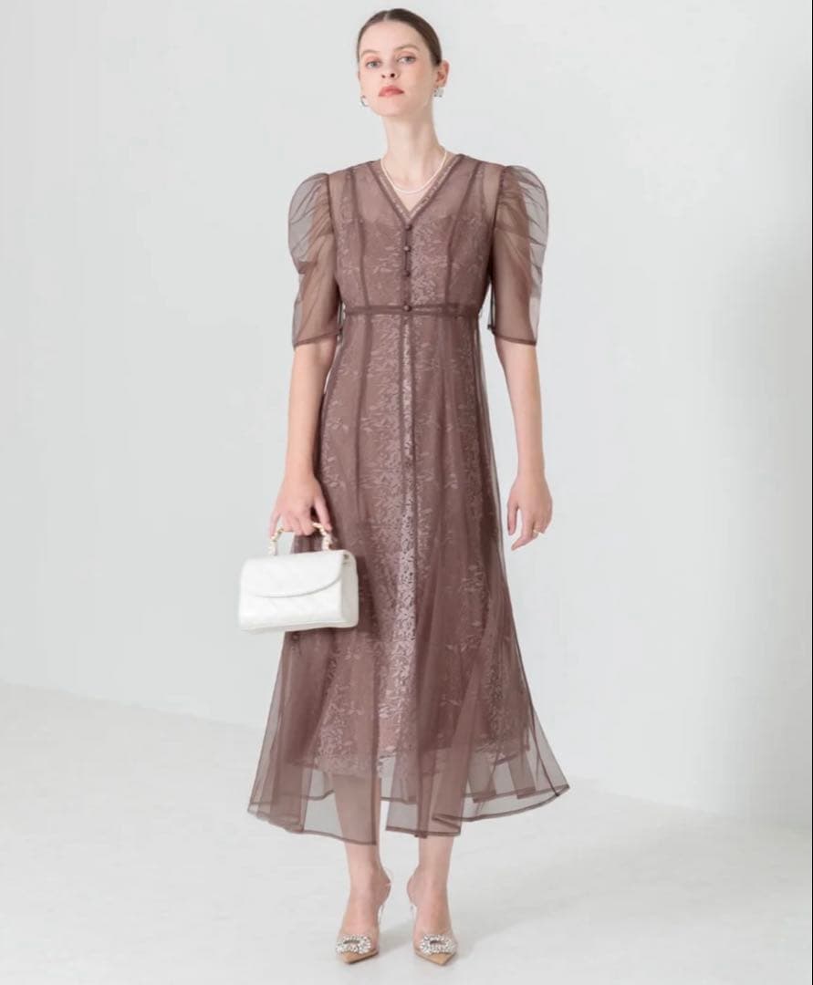 【LEJA】花柄総レースパフスリーブウエストリボン ドレス パーティ ワンピース