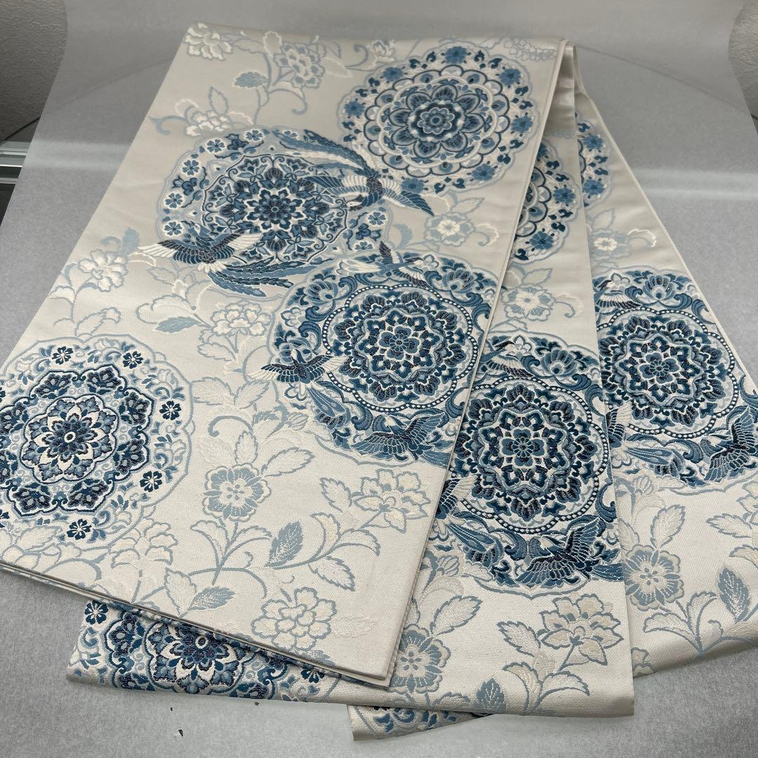 【藍染 鏡裹鳥華文】花柄 六通柄袋帯0105