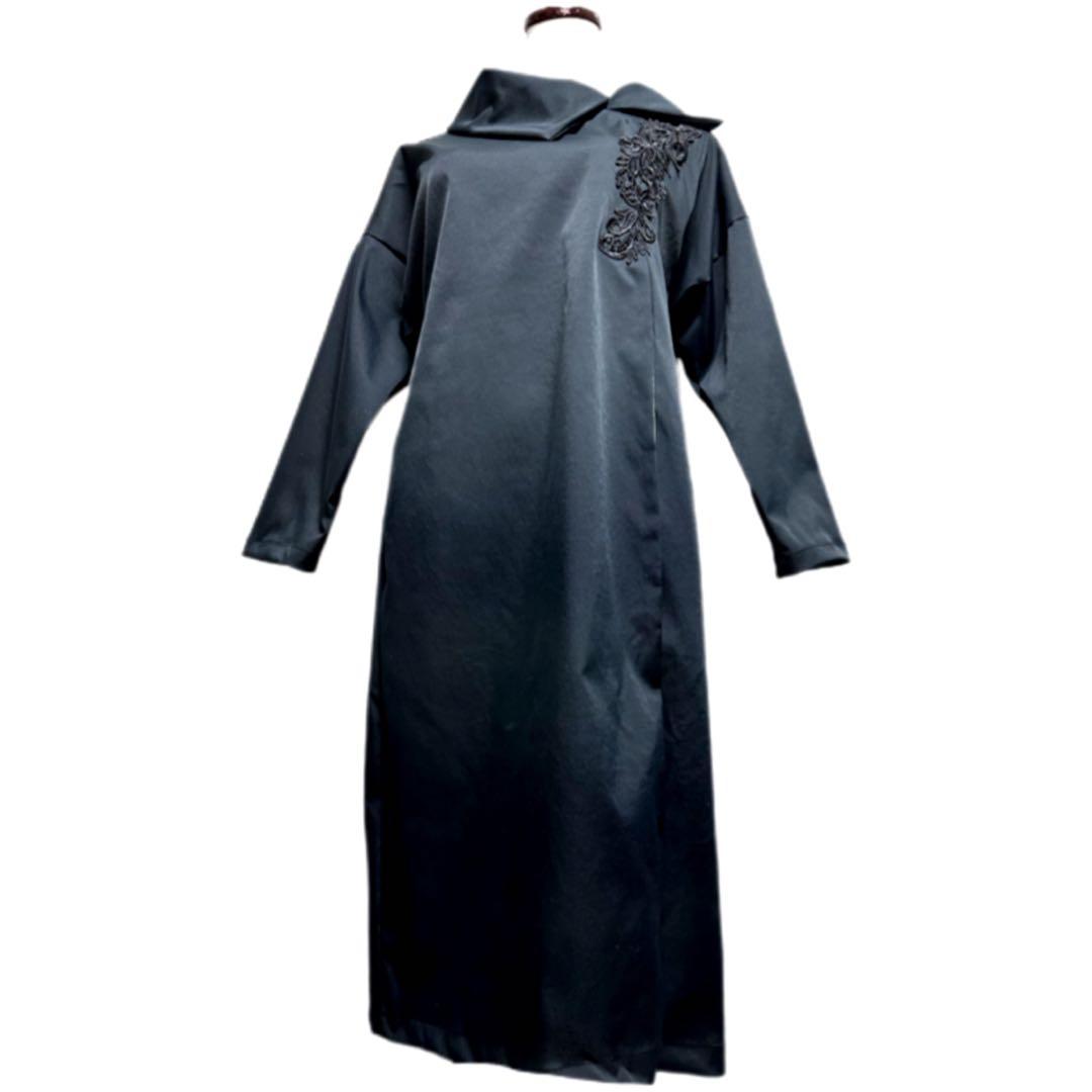 振袖　着物リメイク　ドレス　黒×大輪牡丹や菊　和柄　ワンピース　ハンドメイド