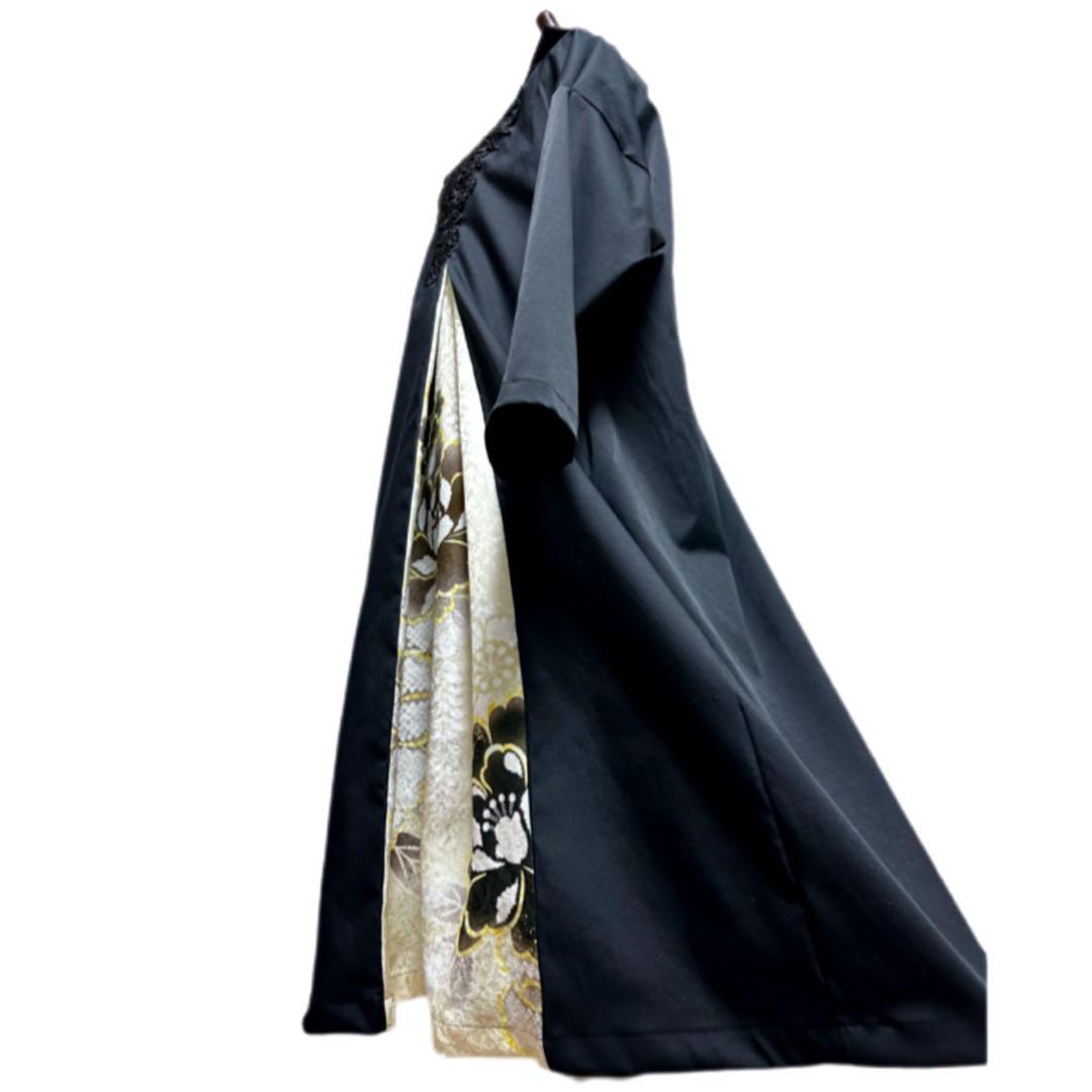 振袖　着物リメイク　ドレス　黒×大輪牡丹や菊　和柄　ワンピース　ハンドメイド