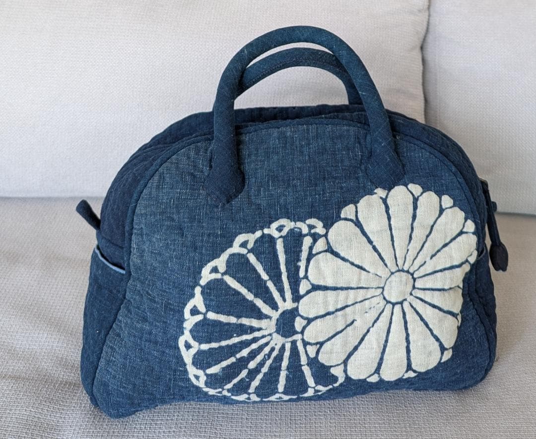 古布 藍染 手作り ハンドバッグ ヴィンテージ 37cm Indigo 菊紋