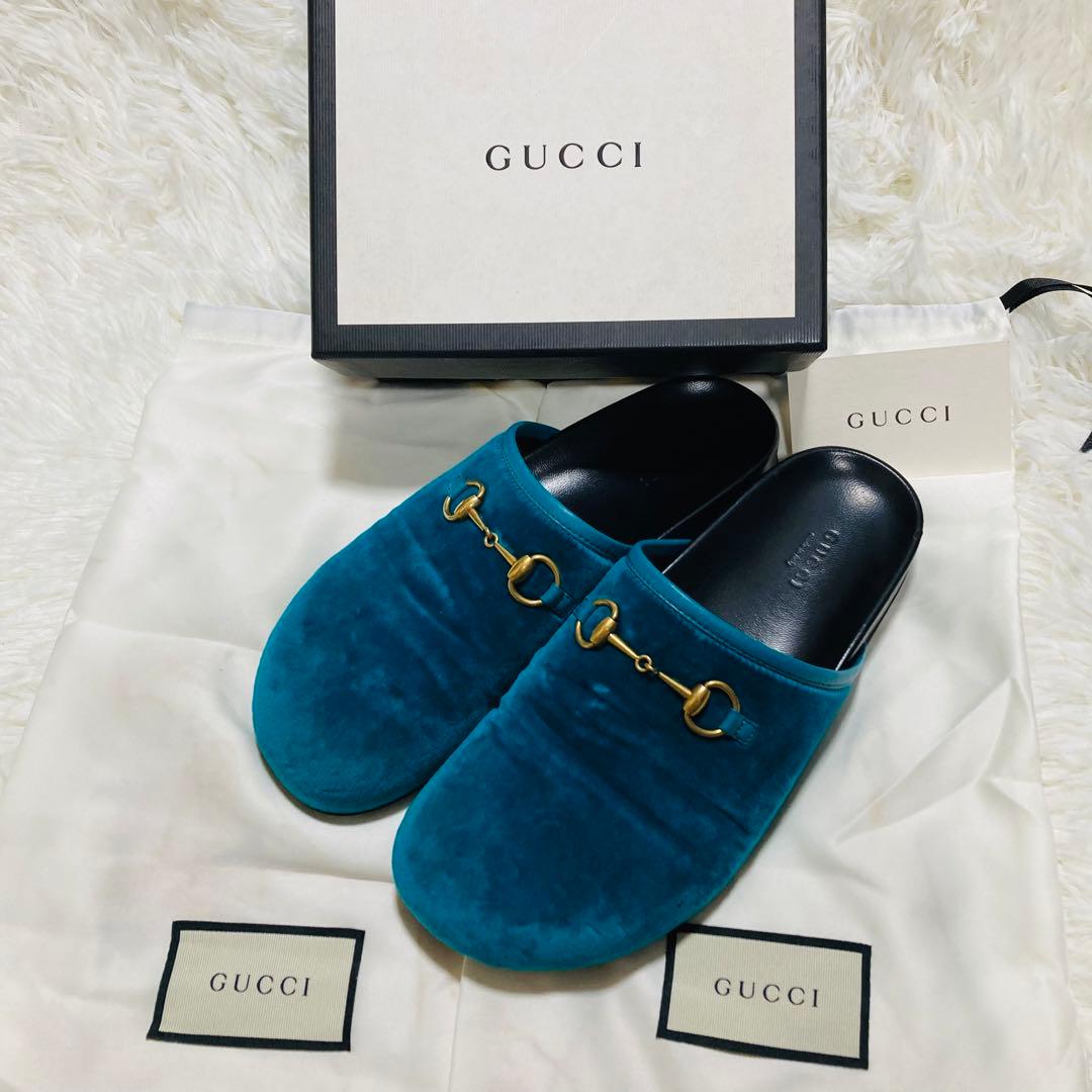 GUCCI グッチ　ホースビット　37 ベロア　サボ　サンダル　ミュール　ブルー