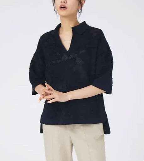 【試着のみ】boussole×qualite★レースジャガートポロ襟ニット