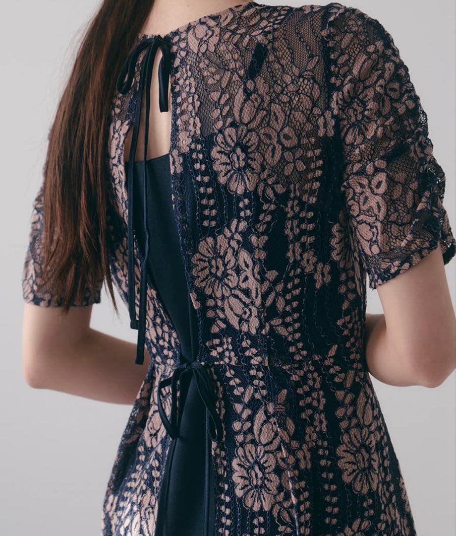 kaene 配色レースエプロンワンピース ネイビー