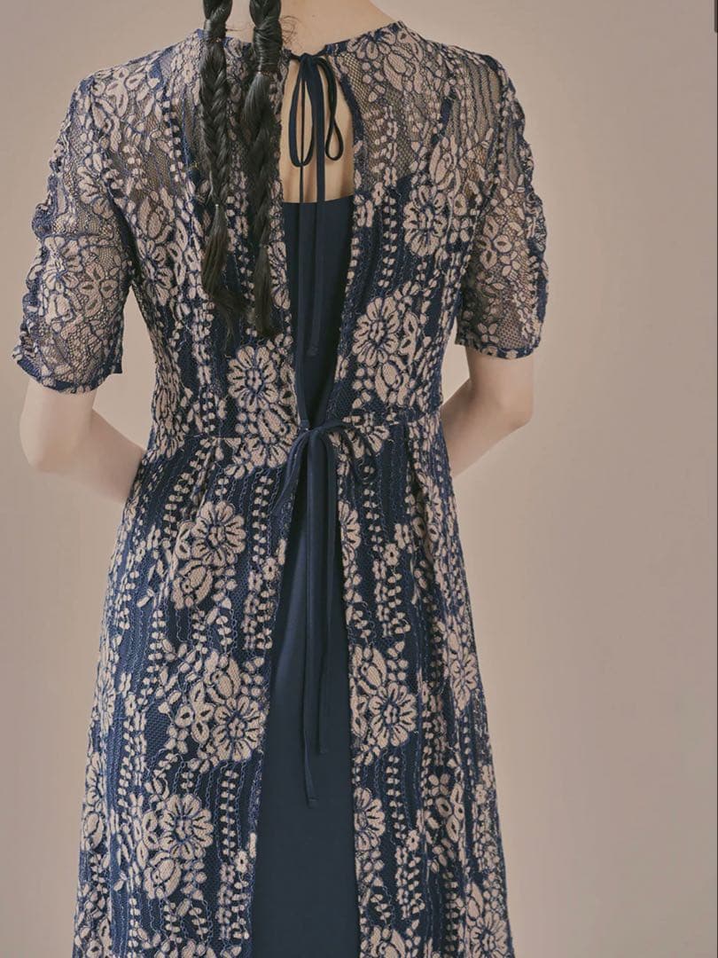 kaene 配色レースエプロンワンピース ネイビー