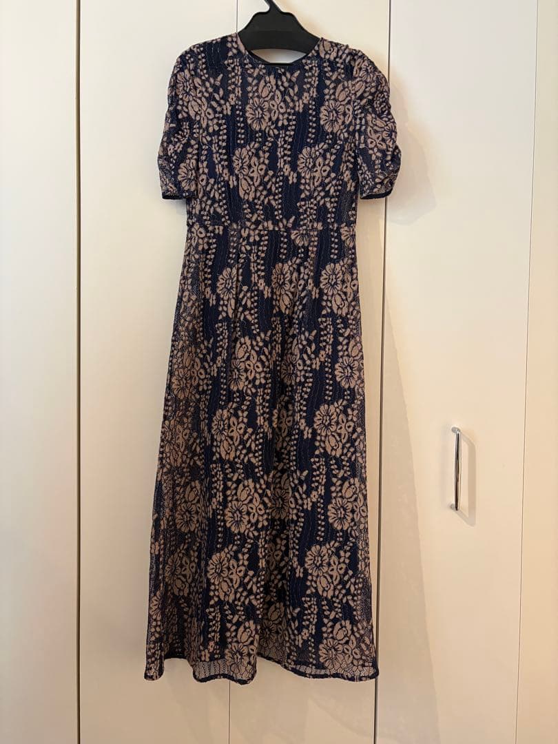 kaene 配色レースエプロンワンピース ネイビー