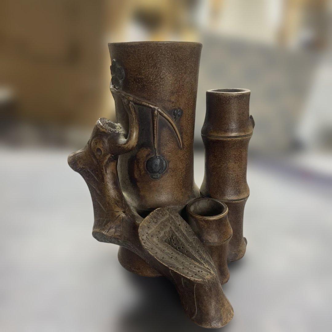 花瓶　置物　中国美術　竹形朱泥　紫砂　アンティーク