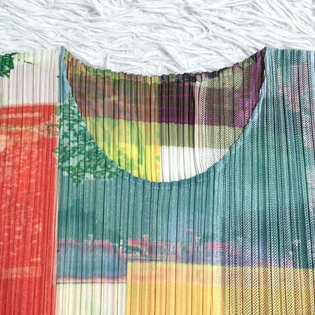 【極美品】プリーツプリーズ トップス L 半袖 グラフィック 転写 マルチカラー