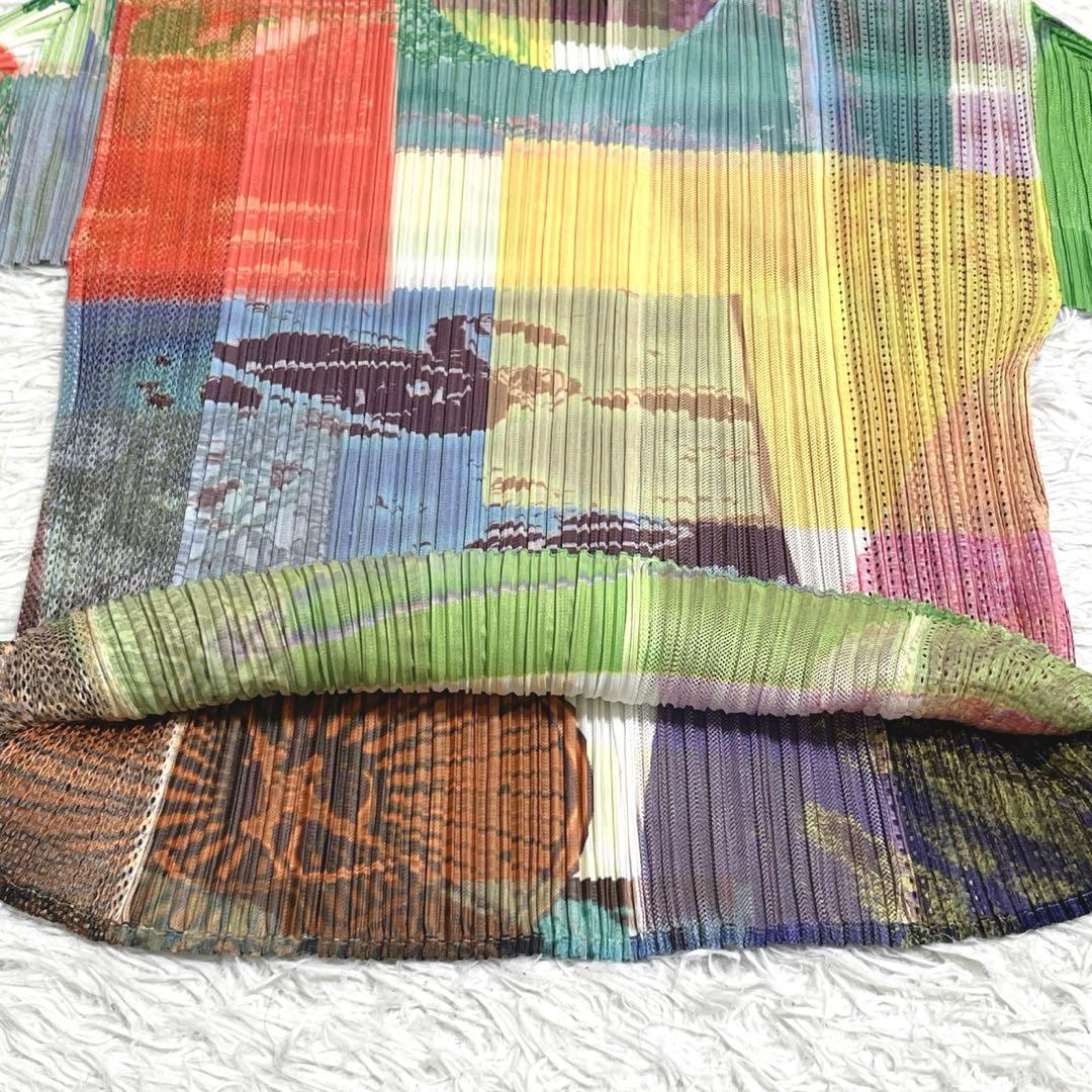 【極美品】プリーツプリーズ トップス L 半袖 グラフィック 転写 マルチカラー