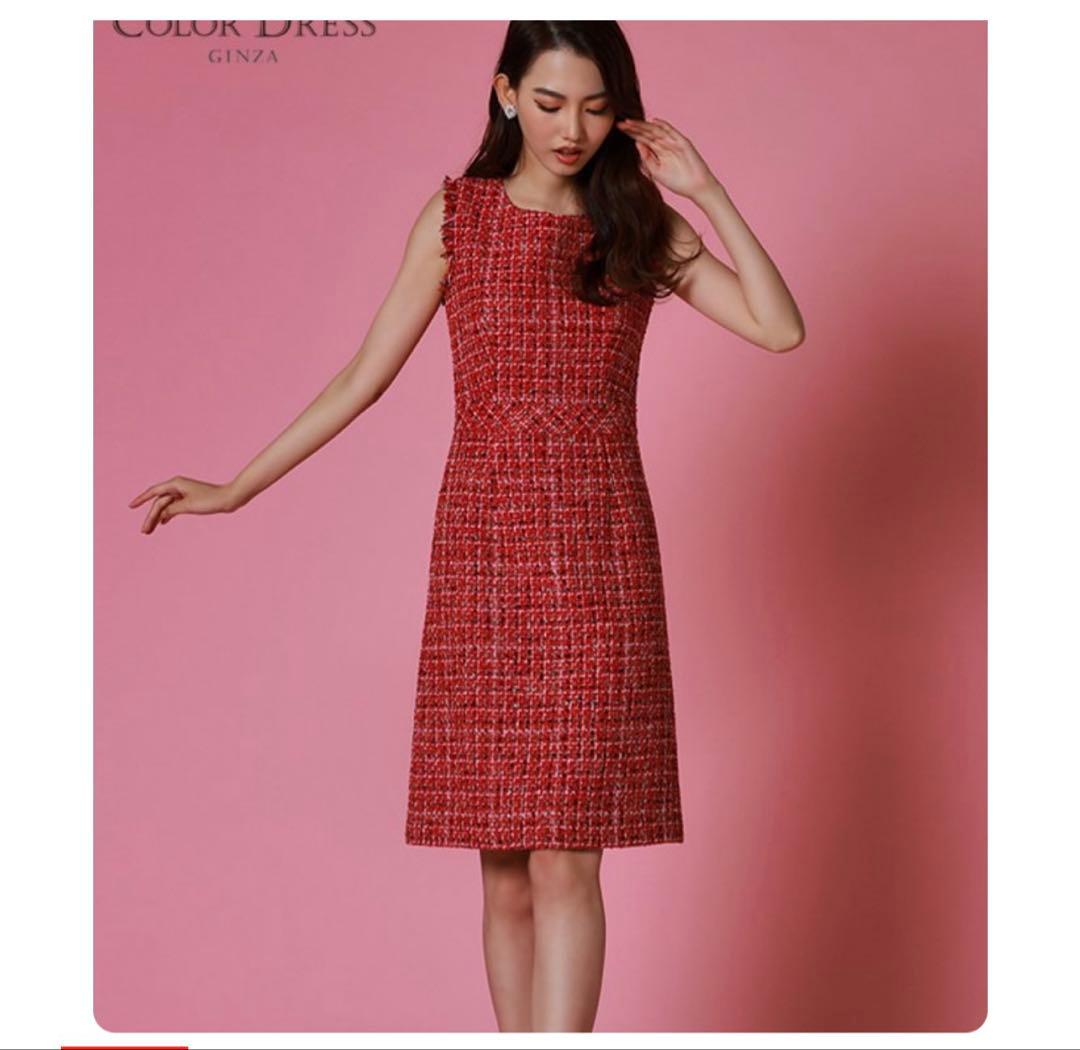 ERUKEI]レッド・ツイード・フリンジAライン膝丈ミニドレスワンピース黒木麗奈