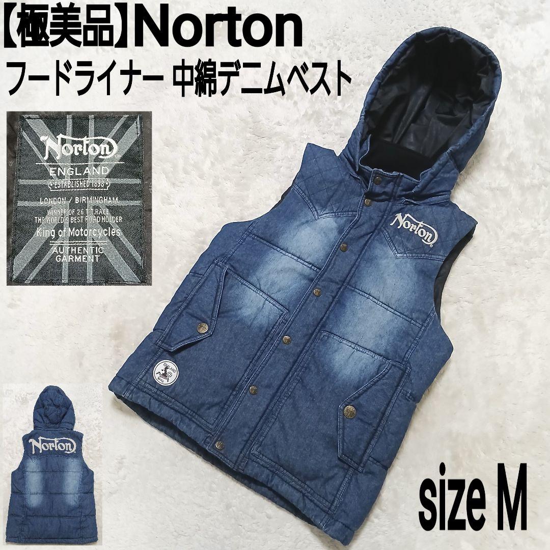 【極美品】Norton フードライナー 中綿デニムベスト 刺繍ロゴ デカロゴ