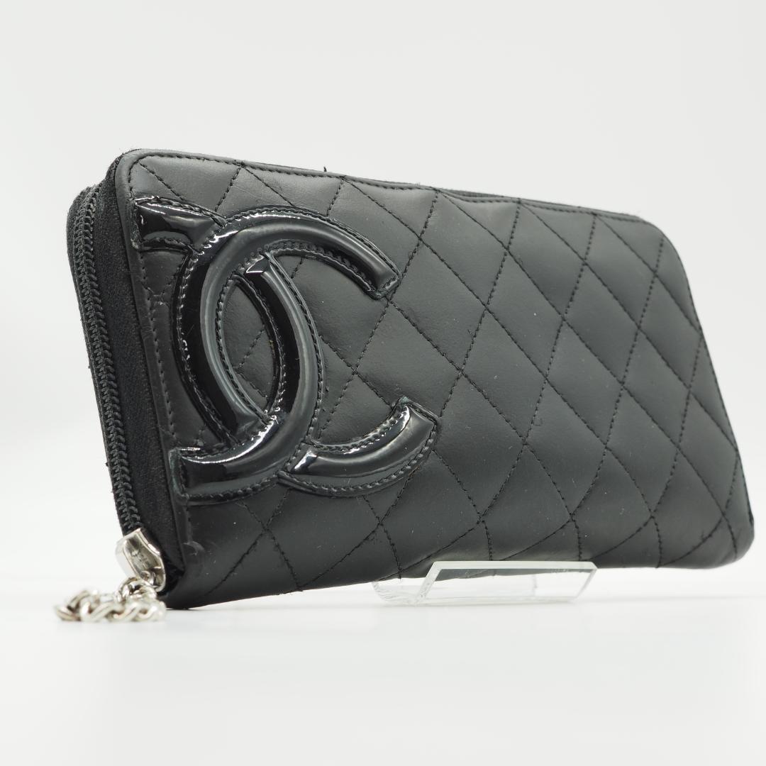 【美品】シャネル カンボンライン ラウンドファスナー 長財布 黒×ピンク