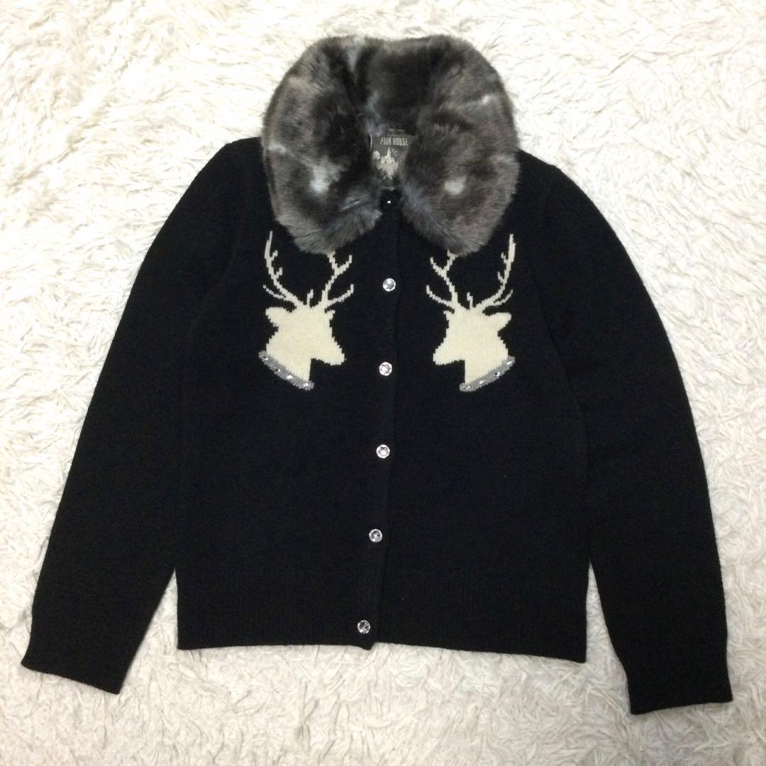 【希少】美品★ピンクハウス ファー襟トナカイ ビジュー ニットカーディガン