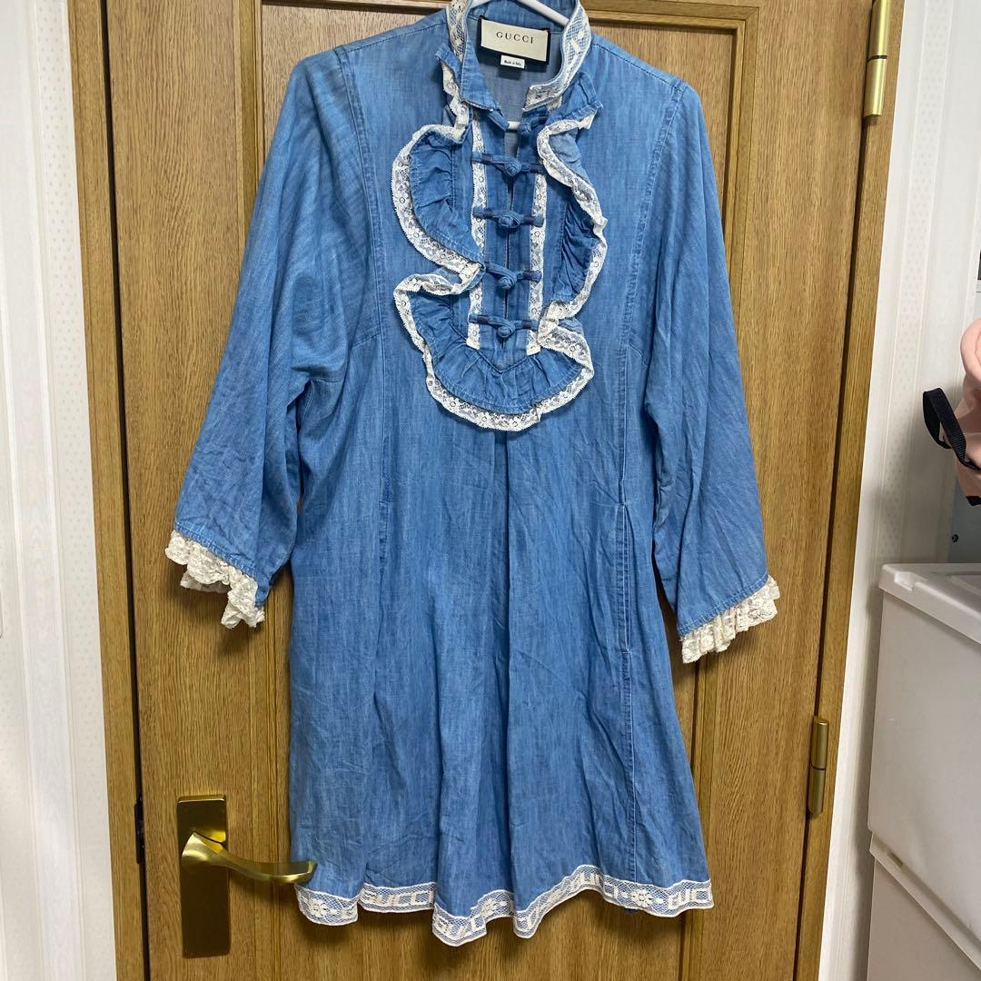 GUCCI ロゴ フリル ワイドスリーブ 七分袖 膝丈 デニム ワンピース