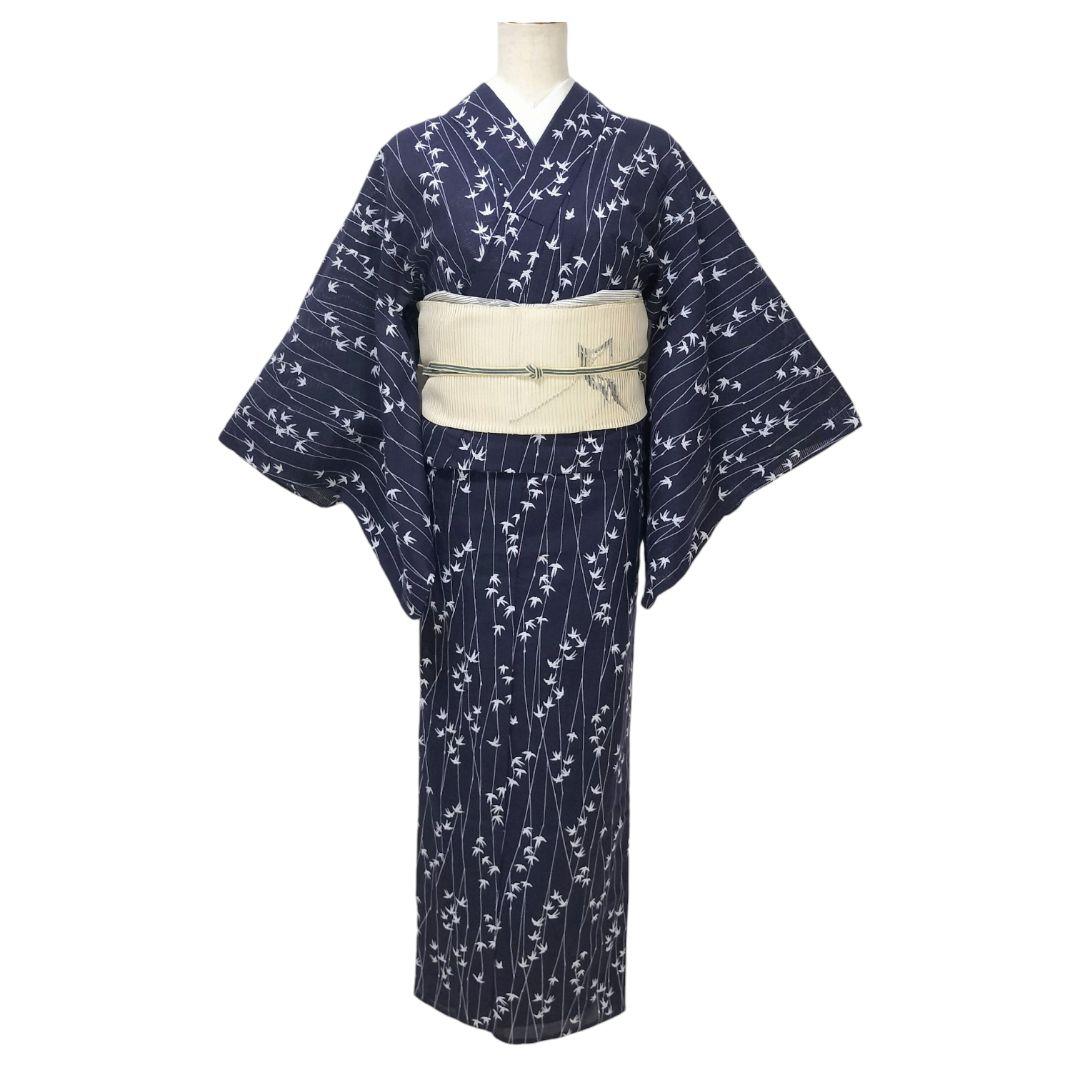 【浴衣】燕模様　綿絽　ツバメ　夏着物　絽　藍染 注染　夏小紋　紺　アンティーク
