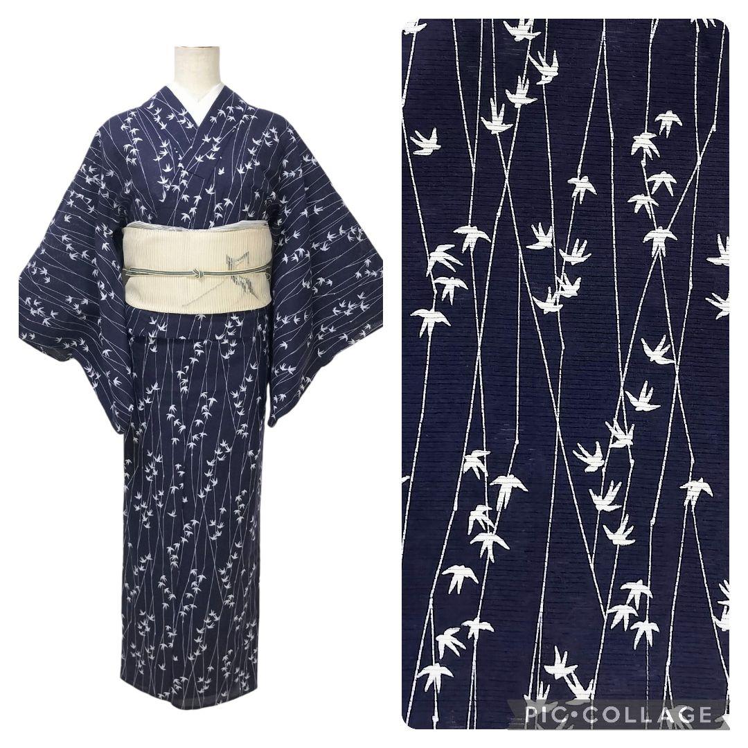 【浴衣】燕模様　綿絽　ツバメ　夏着物　絽　藍染 注染　夏小紋　紺　アンティーク