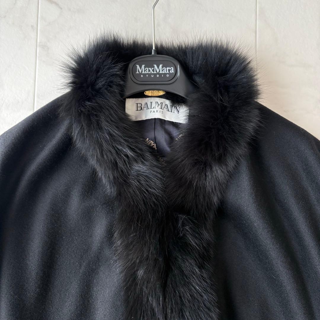 最高級✨《バルマン》カシミヤ100% フォックスファー 裏地シルク ポンチョ