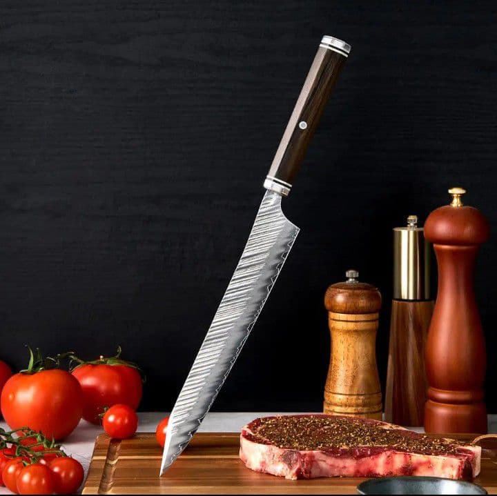 鬼反り切付型 V金10号 9層ダマスカス鋼 筋引 包丁 22cm 黒檀八角柄