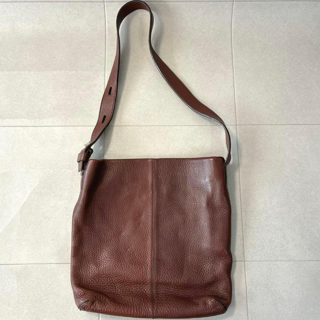 美品 ヒロフ♡レザー ショルダーバッグ 型押しHロゴ シボ革 ブラウン 保存袋付