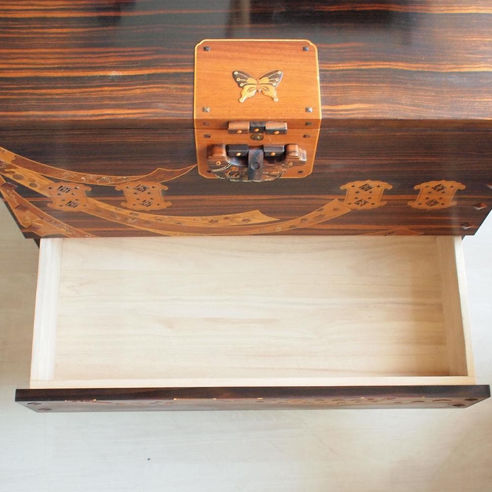 木象嵌 唐木無垢材 3段チェスト 鍵無 寄木