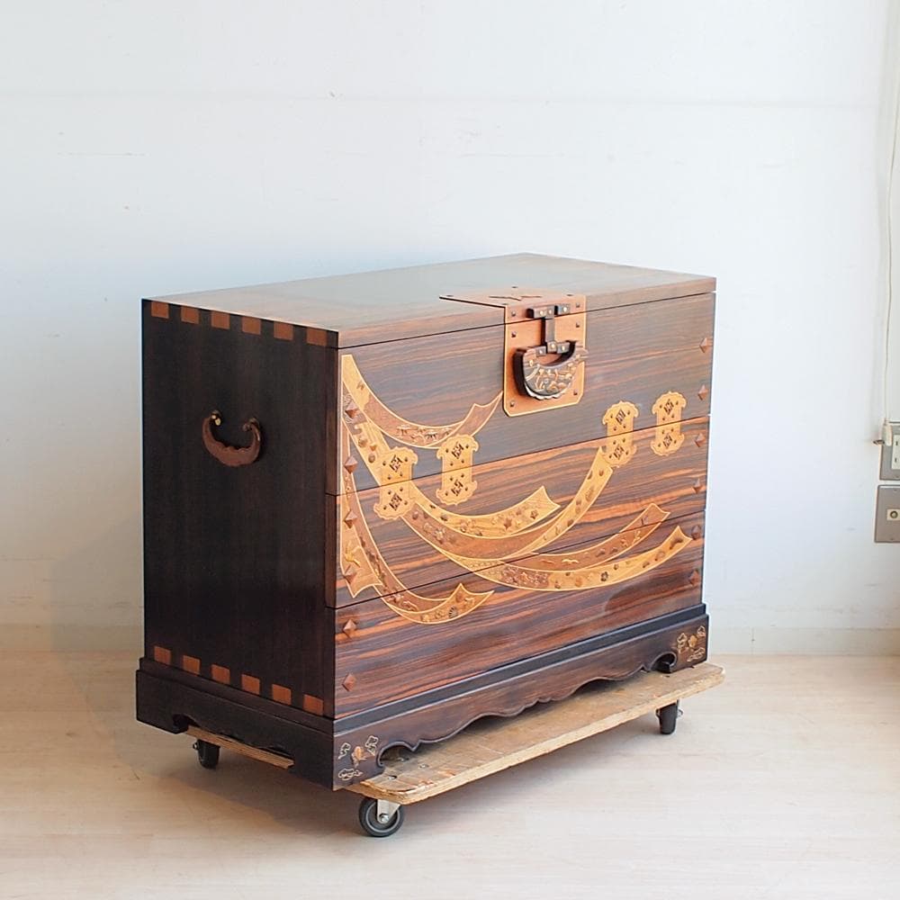 木象嵌 唐木無垢材 3段チェスト 鍵無 寄木