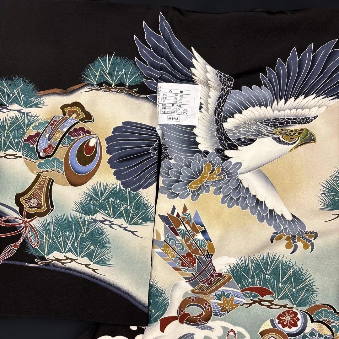 新品正絹産着祝着☆京都本格豪華友禅、金彩、刺繍仕様、特選大鷹と祝古典大王松道具文
