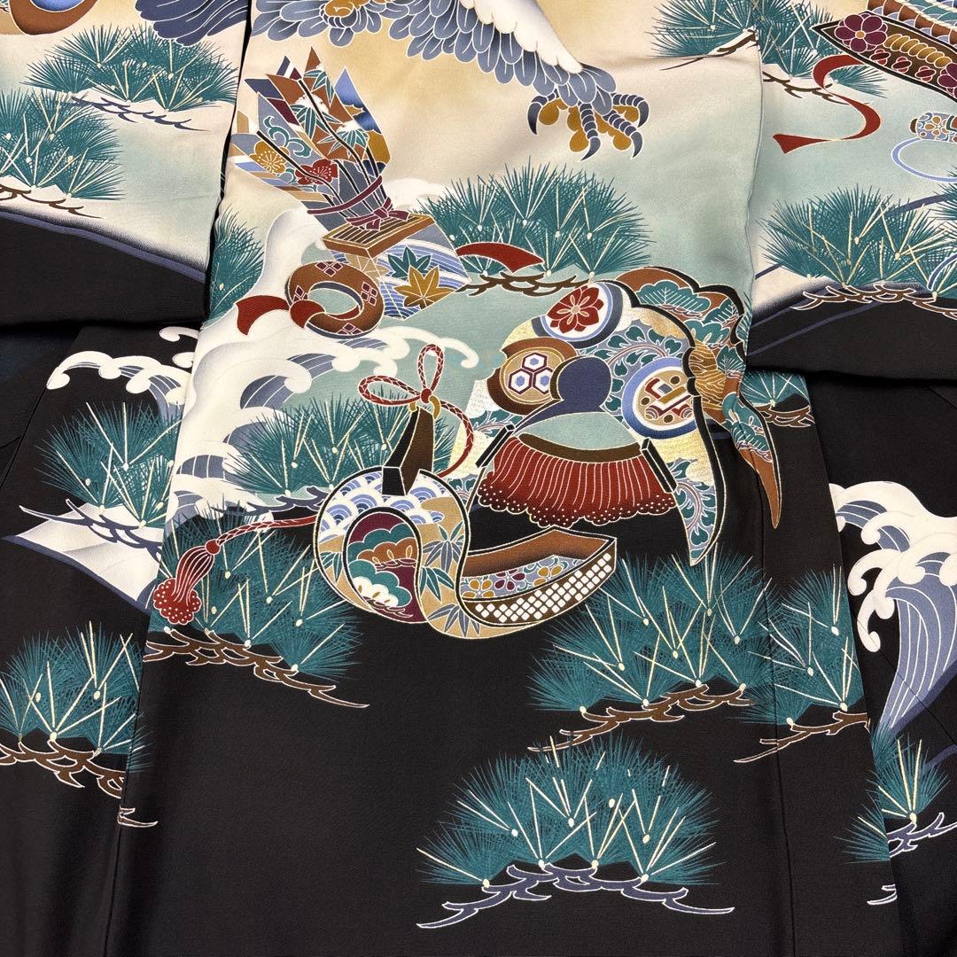 新品正絹産着祝着☆京都本格豪華友禅、金彩、刺繍仕様、特選大鷹と祝古典大王松道具文