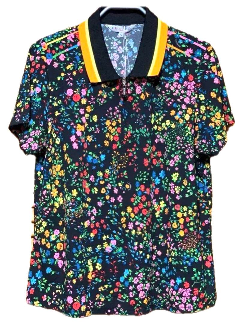 新品保管品LEONARDレオナールスポーツブラック小花柄半袖ポロシャツゴルフにも