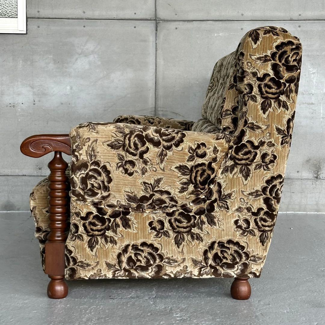 ✦昭和レトロ✦ 花柄モケット 3人掛けソファ 木製アンティーク調 応接ソファー