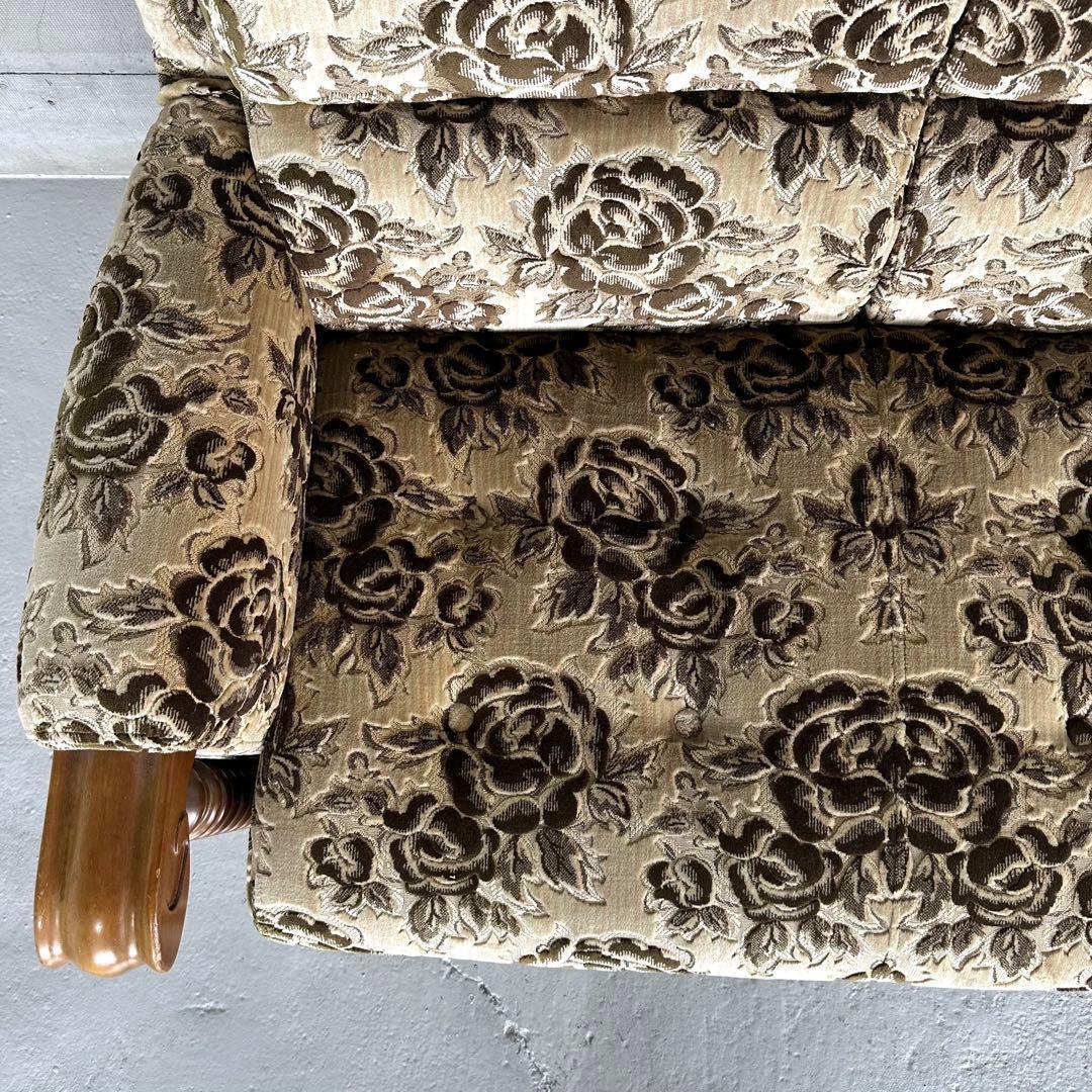 ✦昭和レトロ✦ 花柄モケット 3人掛けソファ 木製アンティーク調 応接ソファー