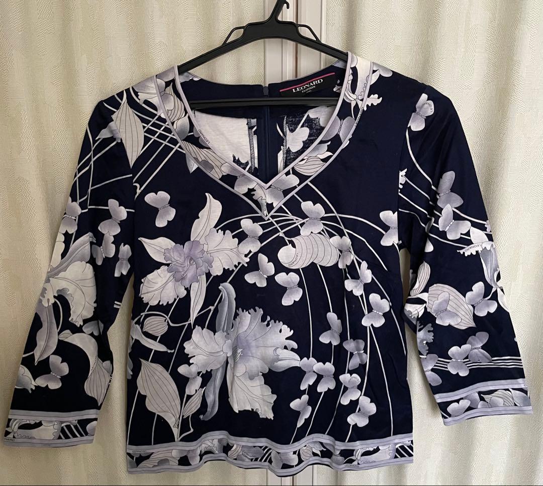 LEONARD FASHION ネイビー花柄五分袖チュニック