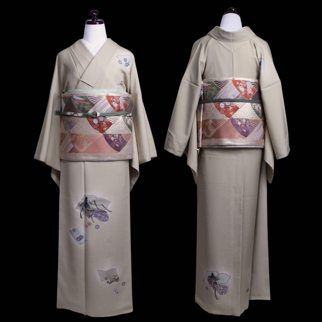 美品　読み本に十二単模様訪問着/裄69 スーパートールサイズ　ベージュ　d5