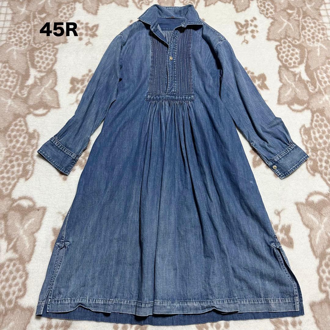 45R デニム ワンピース ピンタックR刺繍 インディゴ ティアード 藍染め 1